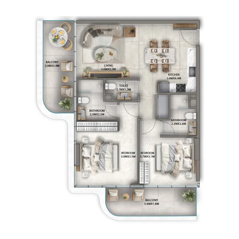 2 BR layout at Antalya