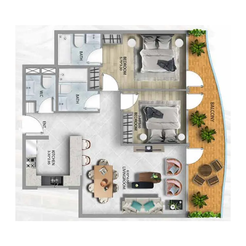 2 BR layout at 311 Boulevard