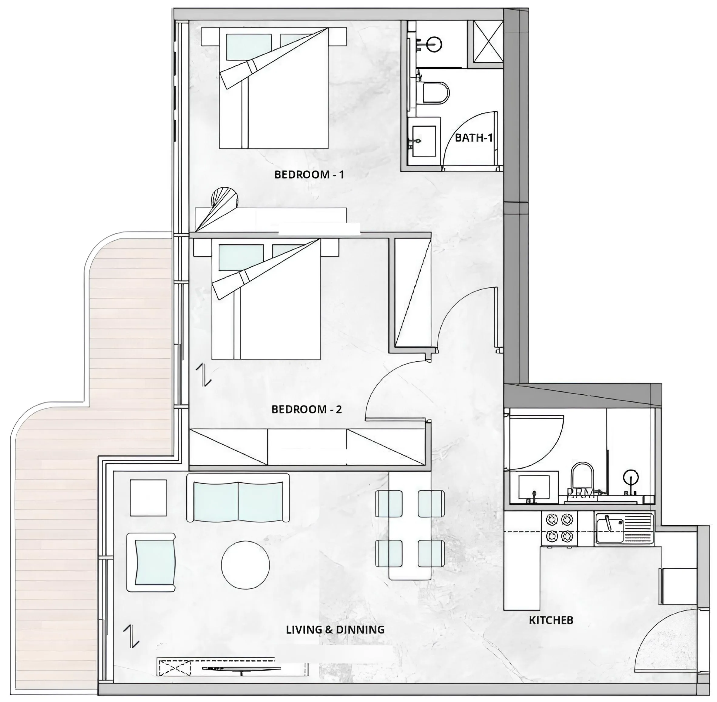 2 BR layout at Treppan Serenique Residences