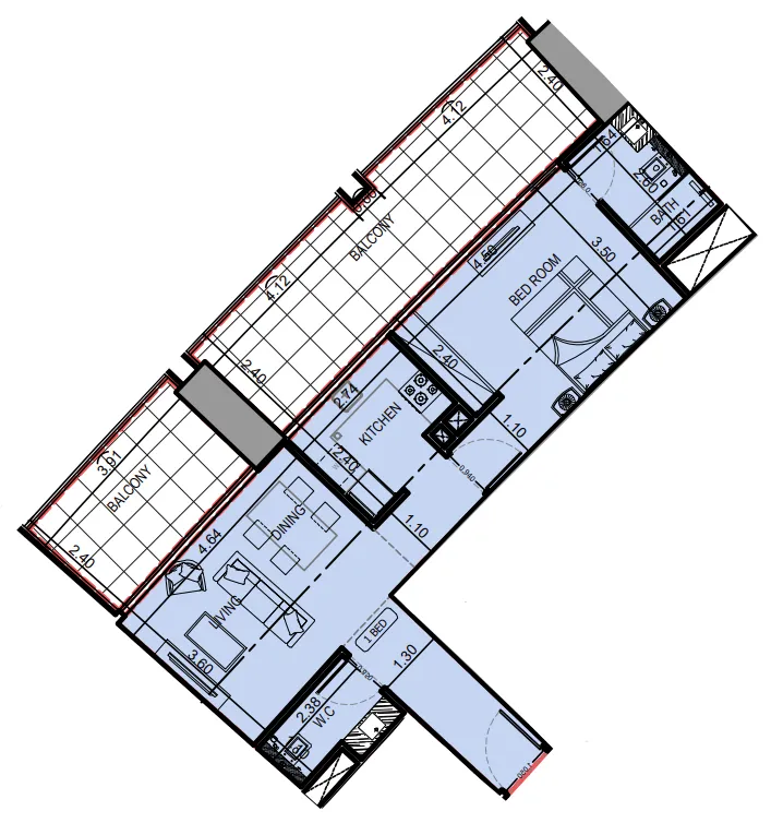 1 BR layout at Binghatti Skyrise