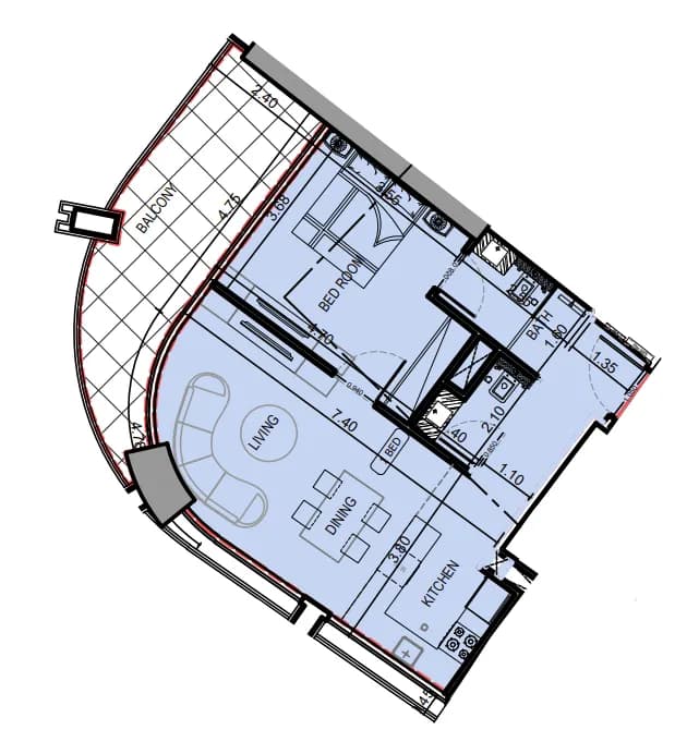1 BR layout at Binghatti Skyrise