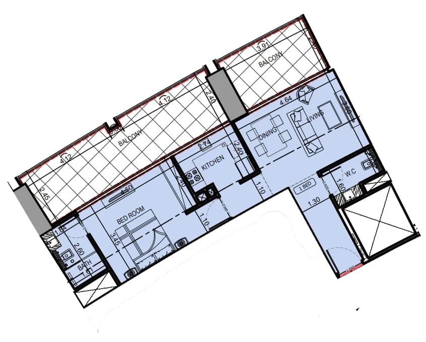 1 BR layout at Binghatti Skyrise