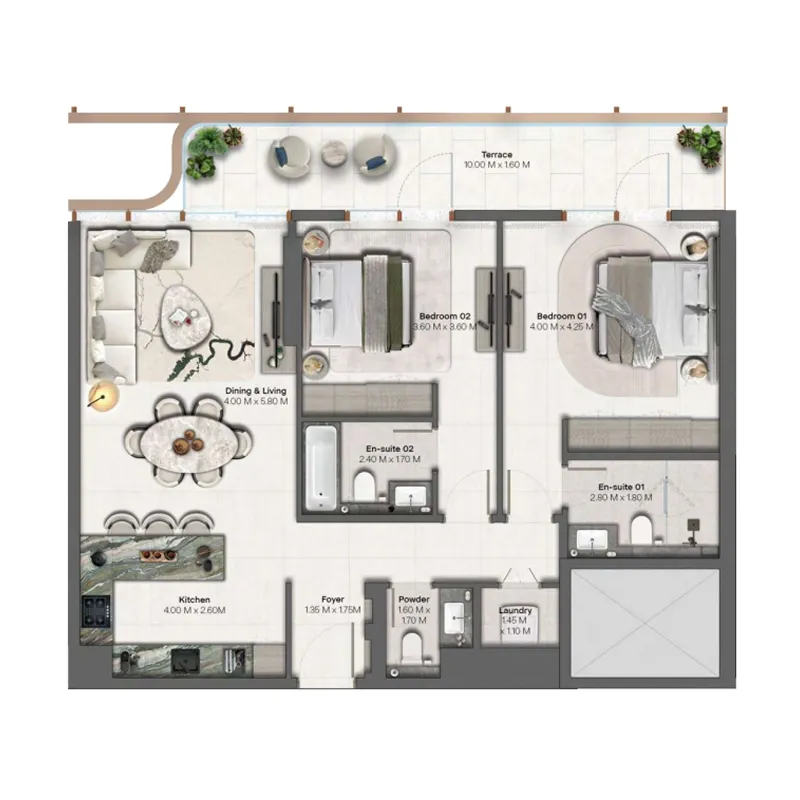 2 BR layout at Hado by Beyond