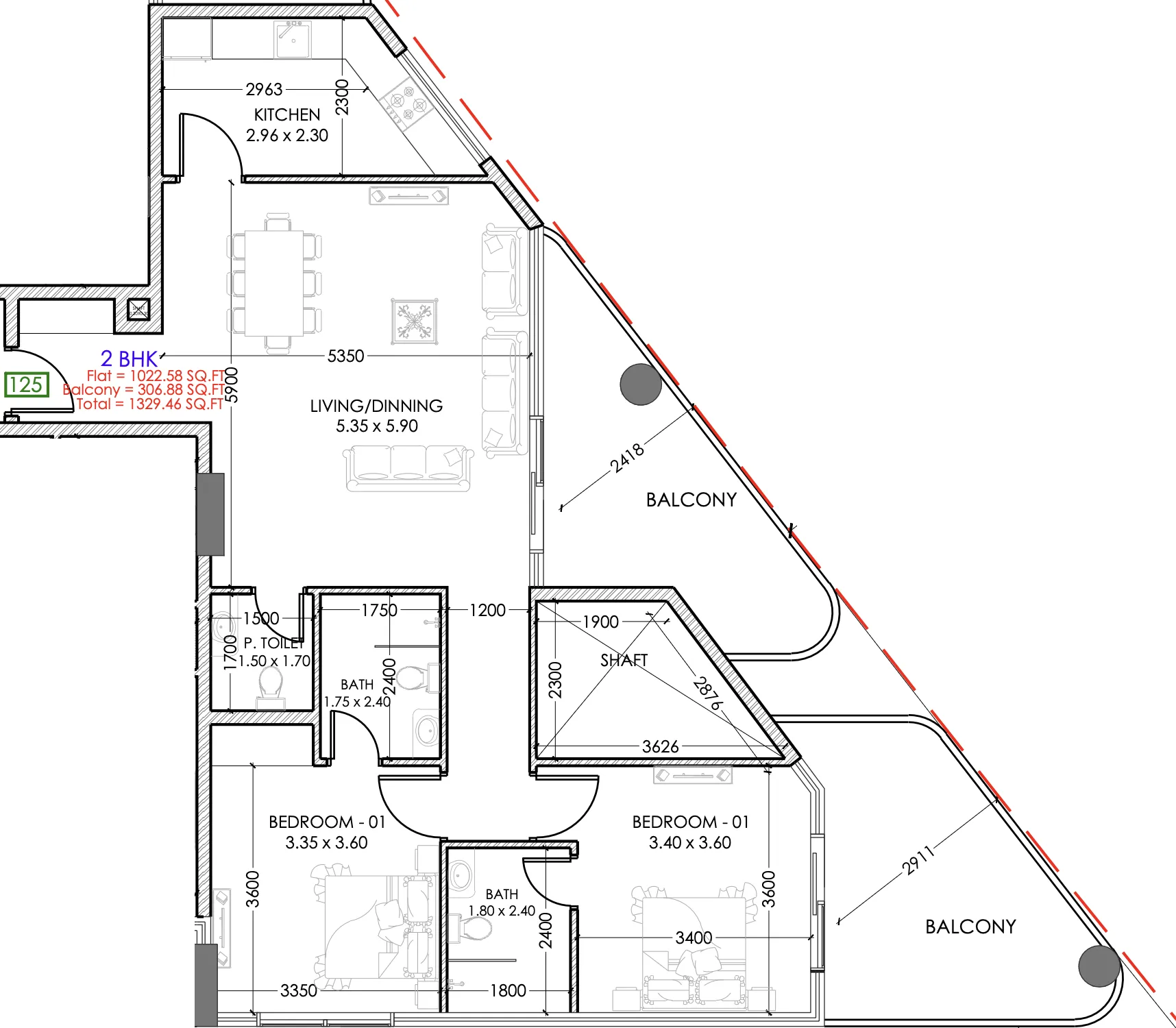 2 BR layout at Terra Tower