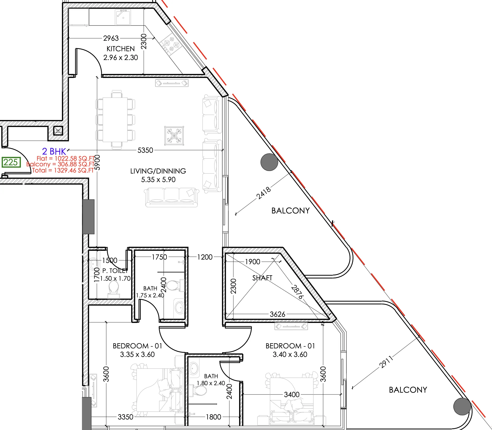 2 BR layout at Terra Tower