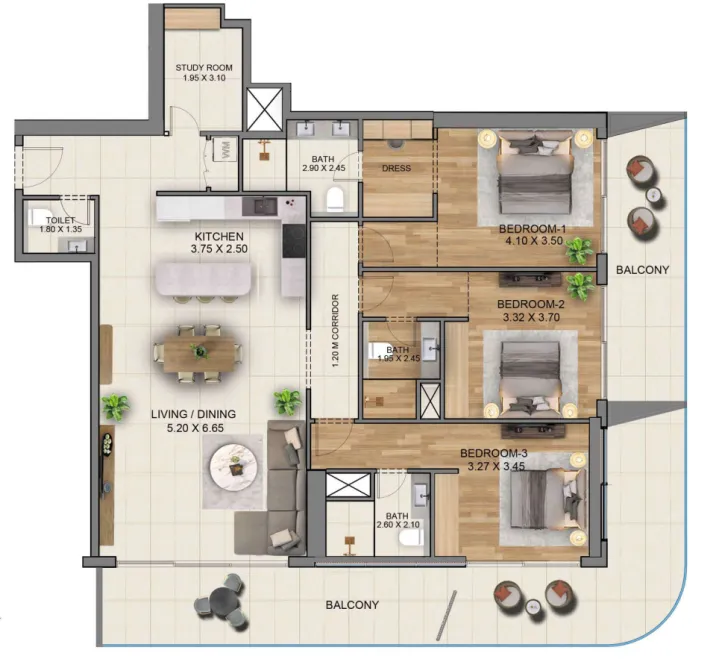 3 BR layout at Sky Hills Residence 3