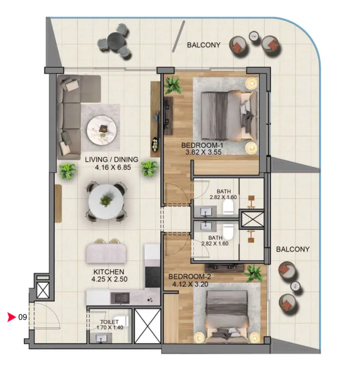 2 BR layout at Sky Hills Residence 3