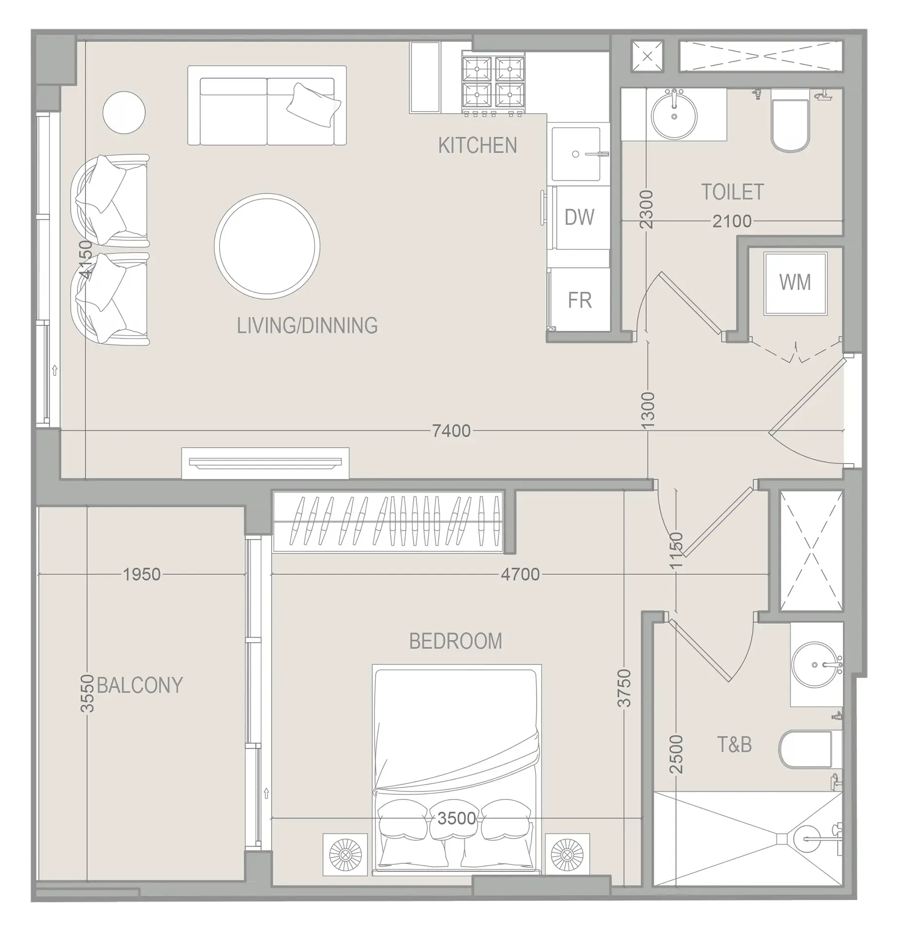 1 BR layout at FLU1D ONE