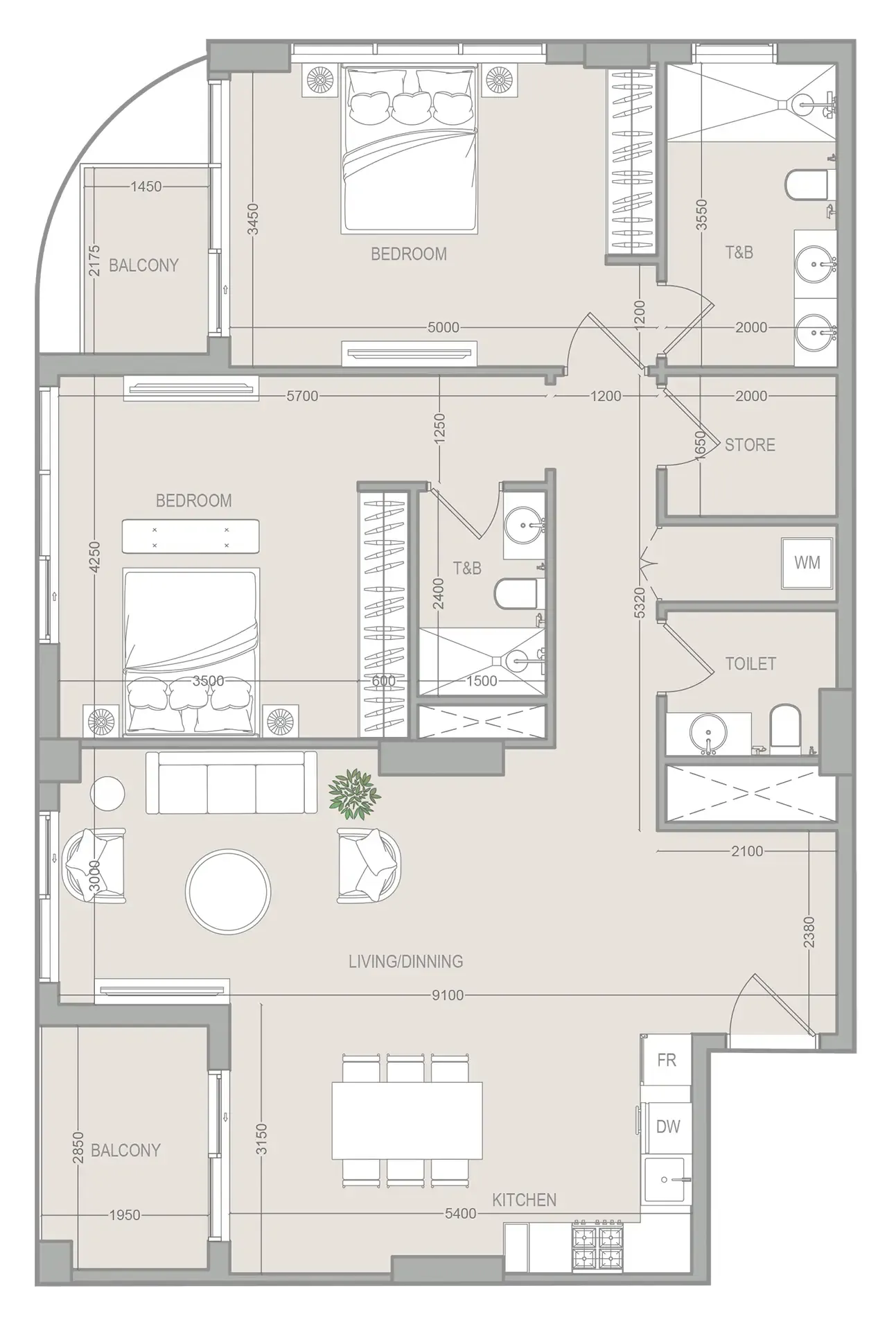 2 BR layout at FLU1D ONE