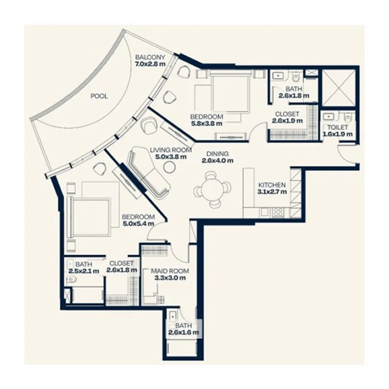 2 BR layout at Trussardi Residences Phase Two