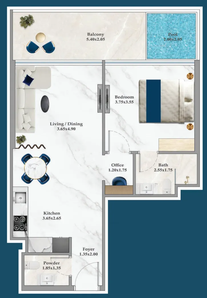 1 BR layout at Timez