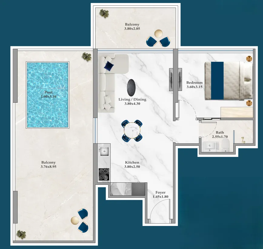 1 BR layout at Timez
