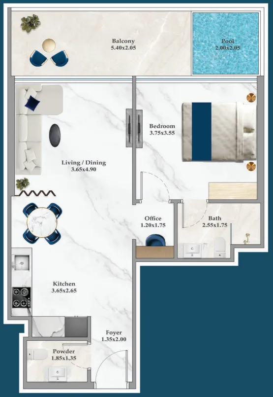 1 BR layout at Timez