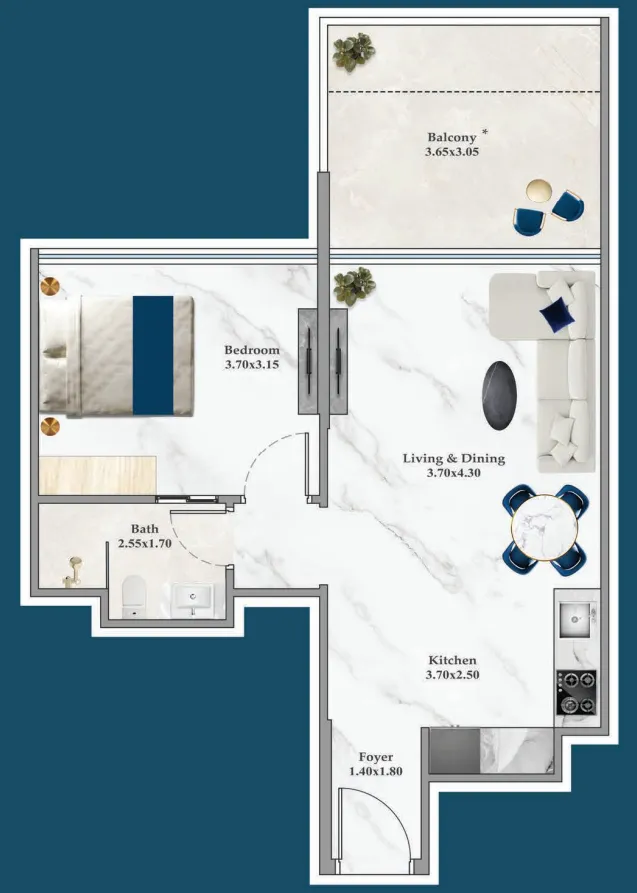 1 BR layout at Timez
