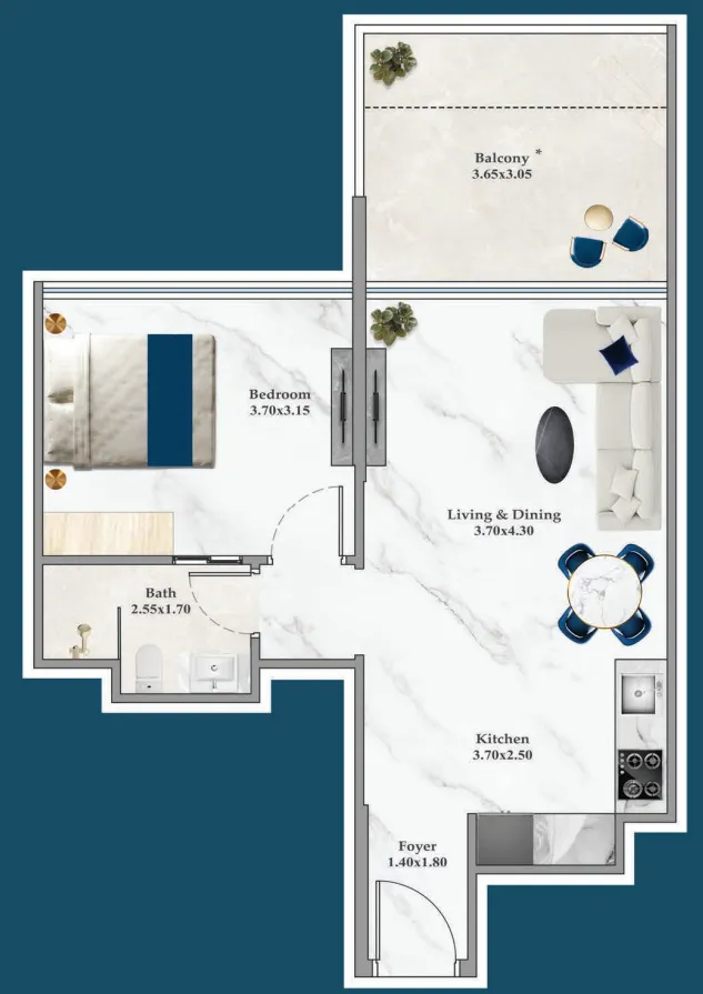 1 BR layout at Timez