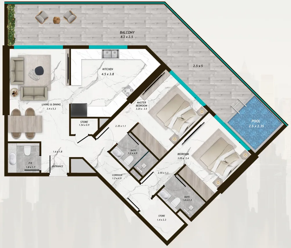 2 BR layout at Samana Parkville
