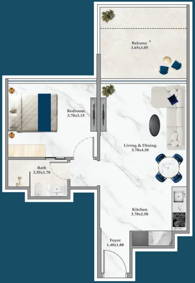 1 BR layout at Timez