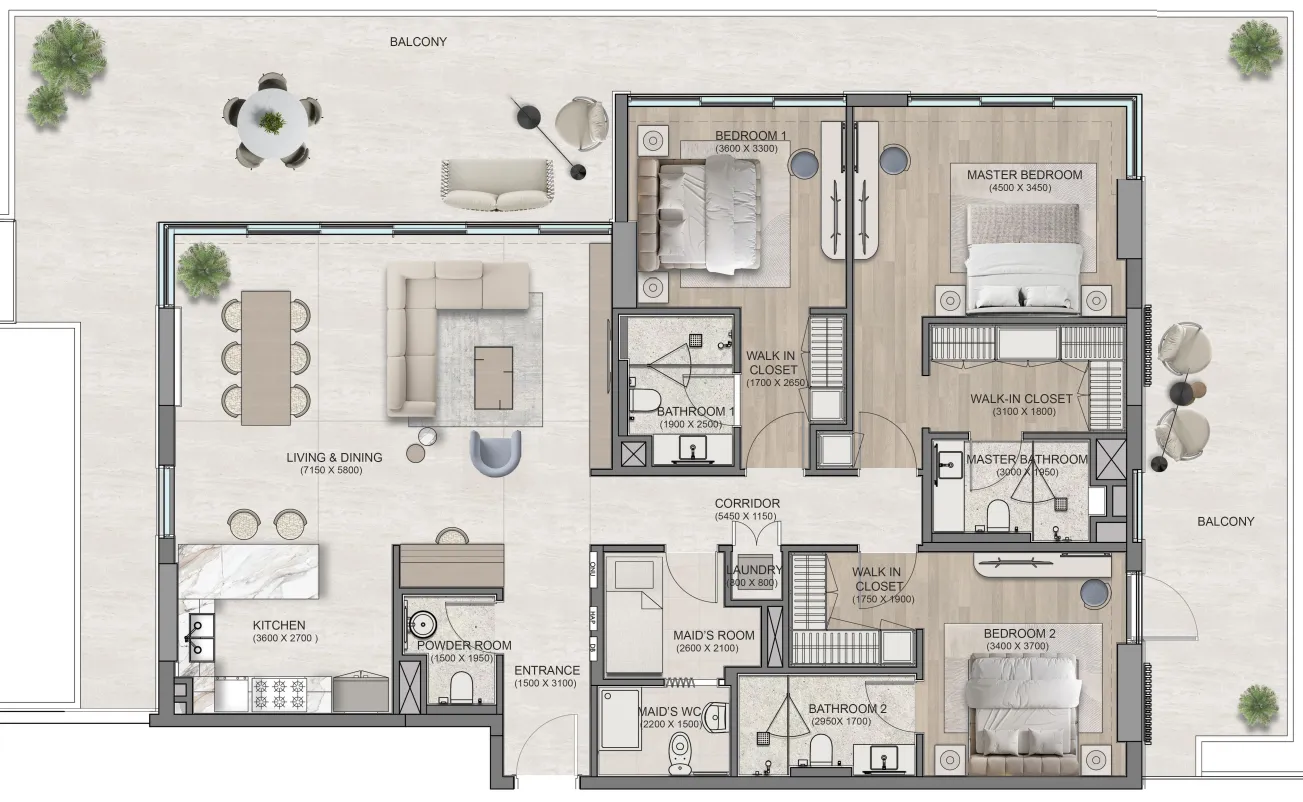 3 BR layout at Flora Isle Beachfront Residences