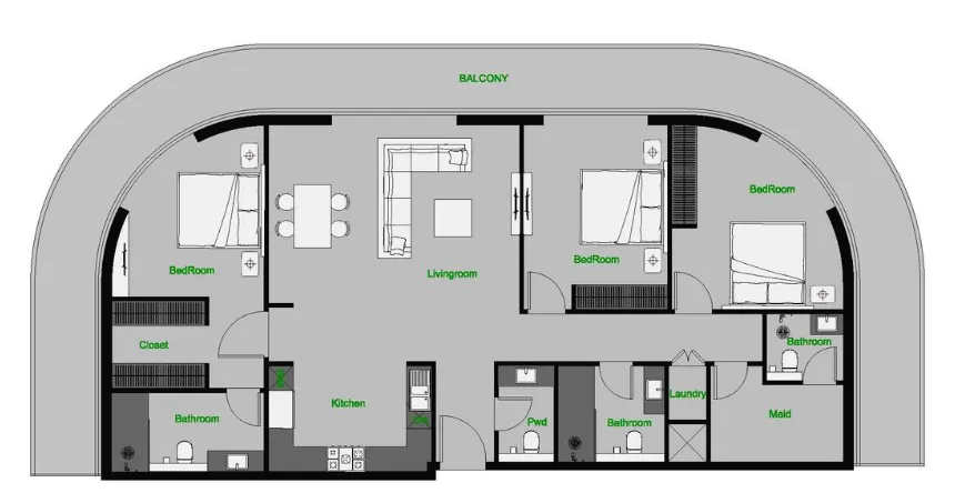 3 BR layout at The Central Downtown