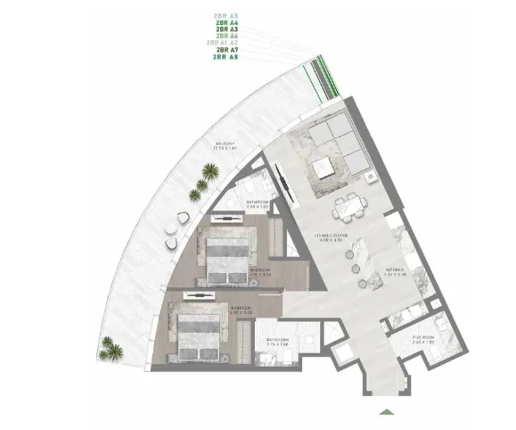 2 BR layout at Canal Crown
