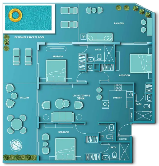 3 BR layout at Aqua Dimore