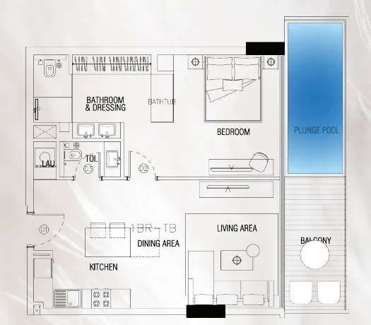 1 BR layout at Sky Suites