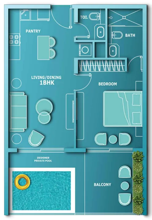 1 BR layout at Aqua Dimore