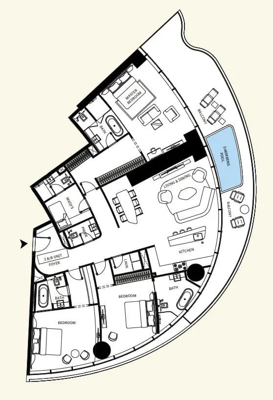 3 BR layout at Mercedes-Benz Places by Binghatti