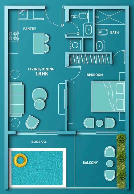 1 BR layout at Aqua Dimore