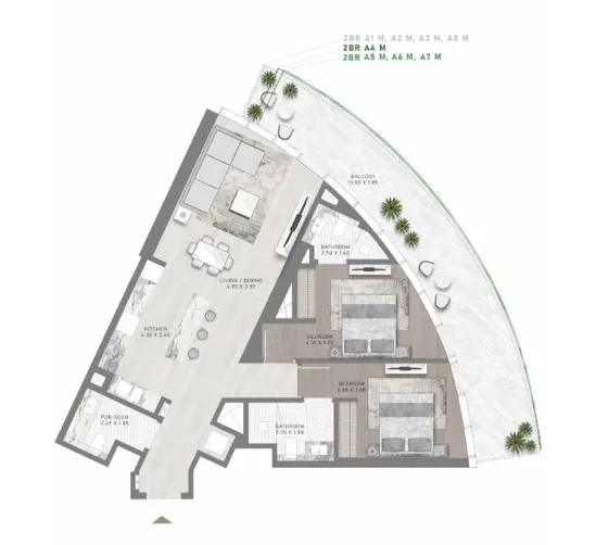 2 BR layout at Canal Crown