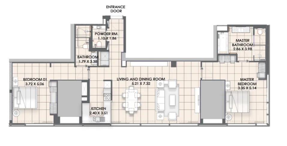 2 BR layout at Vida Dubai Marina