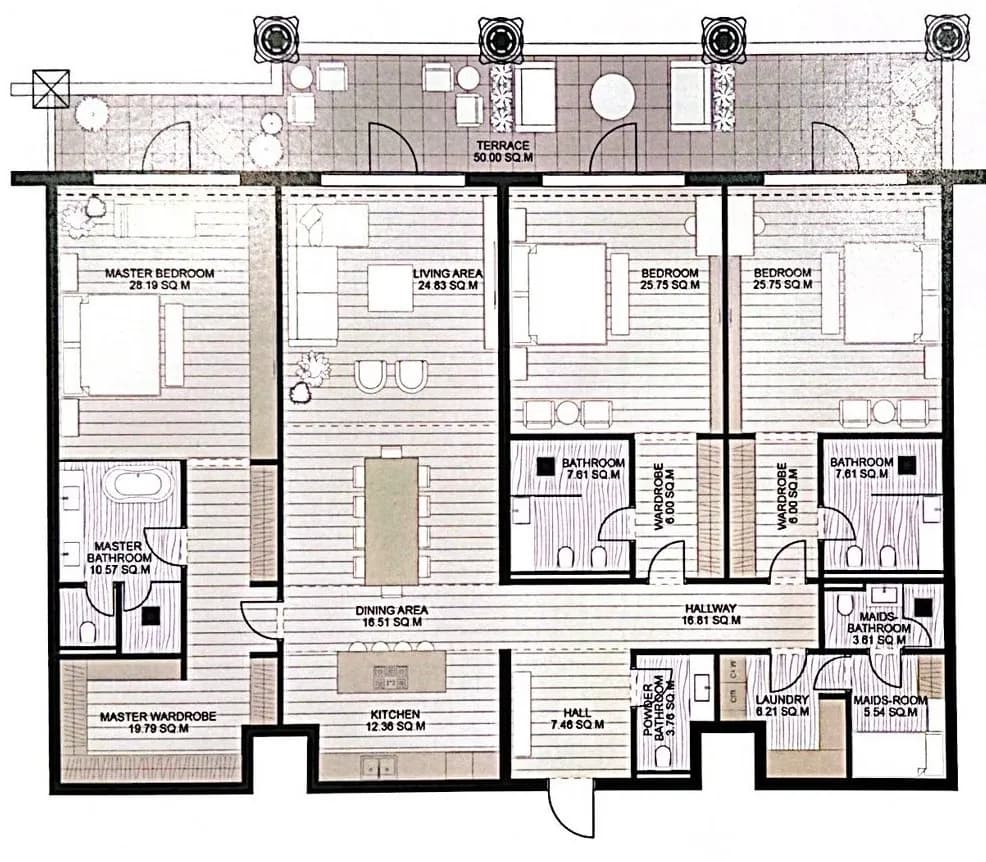 3 BR layout at Raffles The Palm Dubai