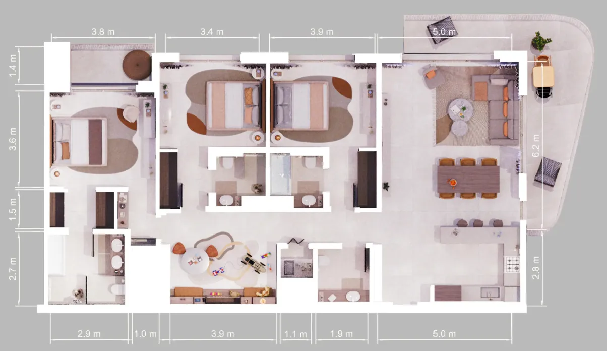 3 BR layout at Verdes by Haven