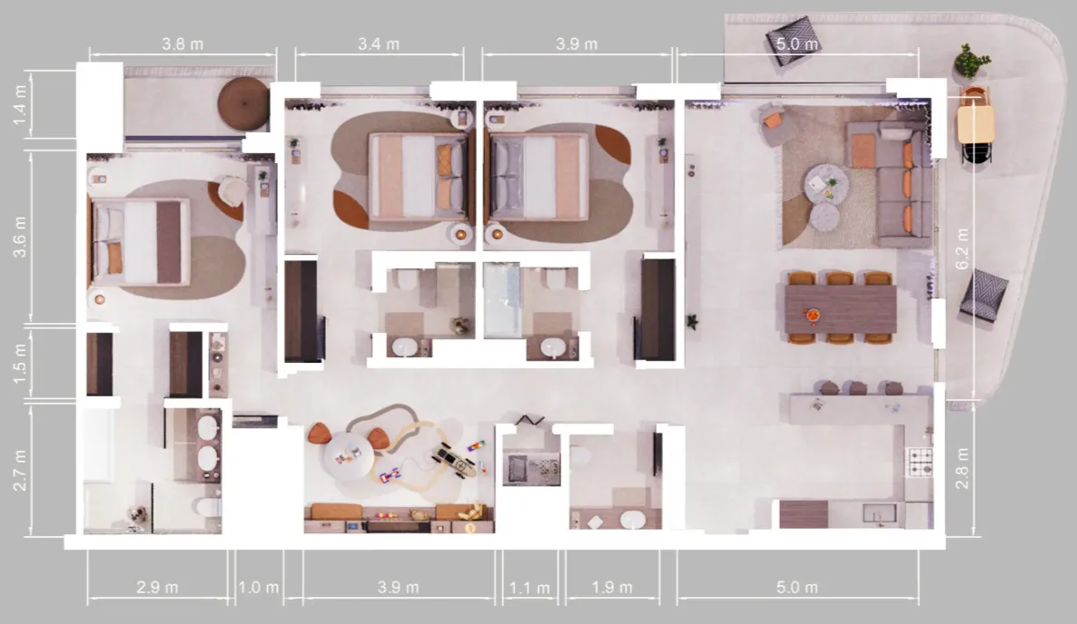 3 BR layout at Verdes by Haven