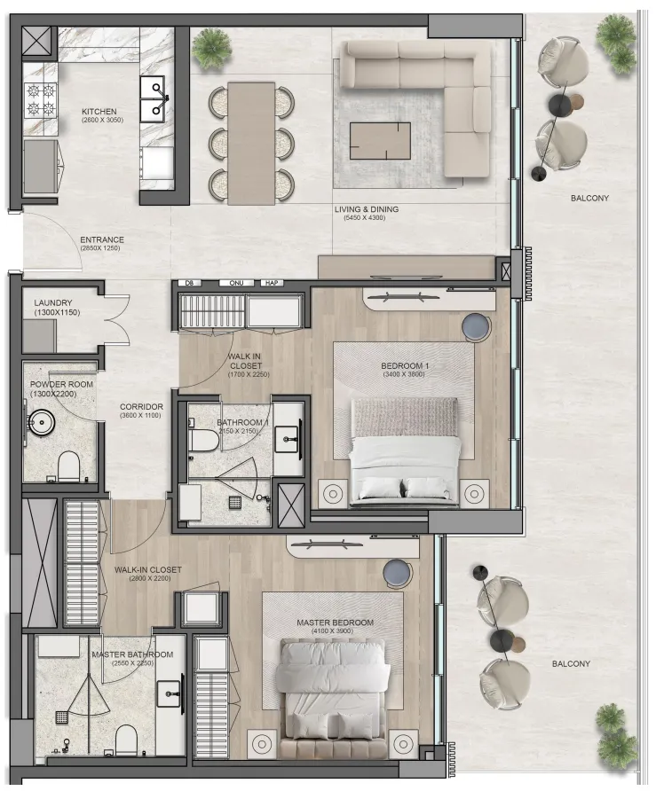 2 BR layout at Flora Isle Beachfront Residences