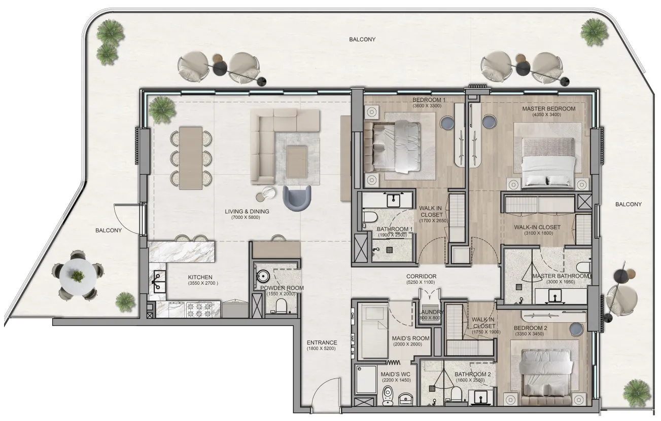 3 BR layout at Flora Isle Beachfront Residences