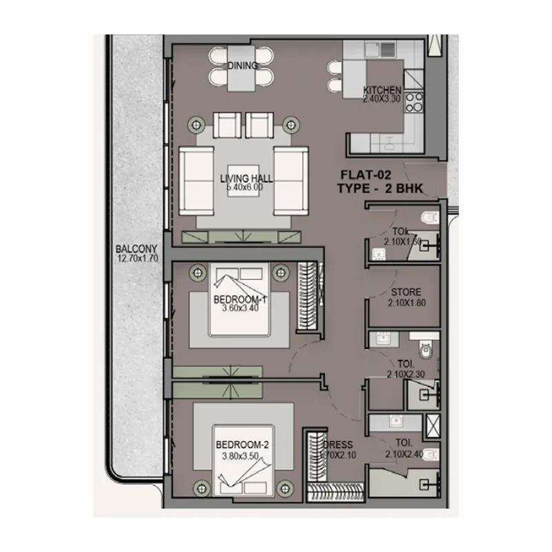 2 BR layout at Helvetia Residences