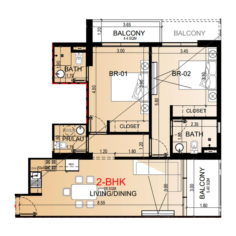 2 BR layout at Miorah by Zoya