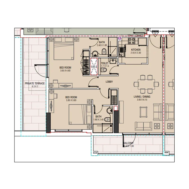 2 BR layout at Al Waleed W.S 1