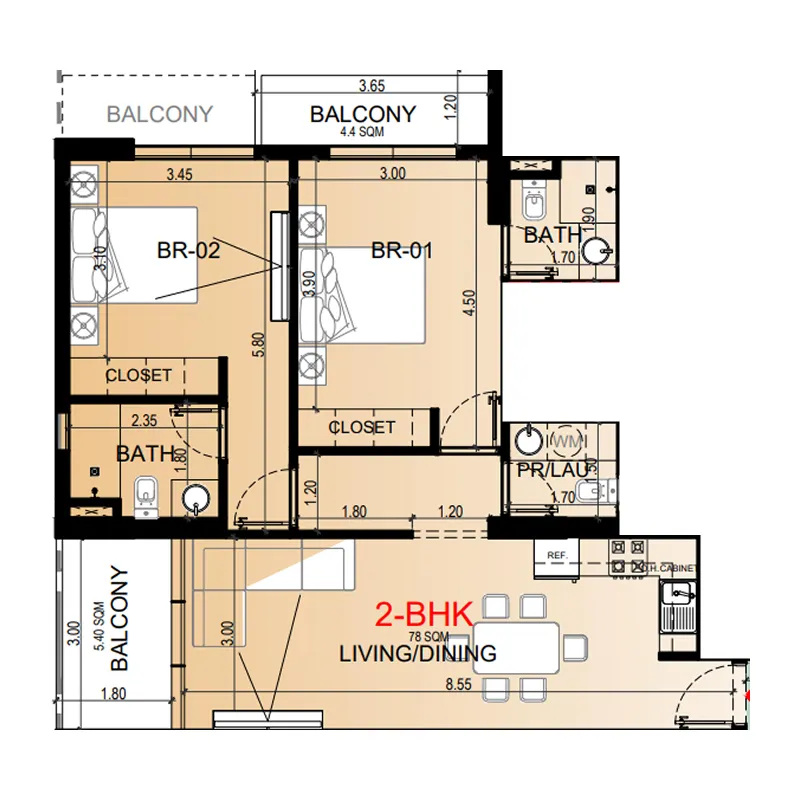 2 BR layout at Miorah by Zoya