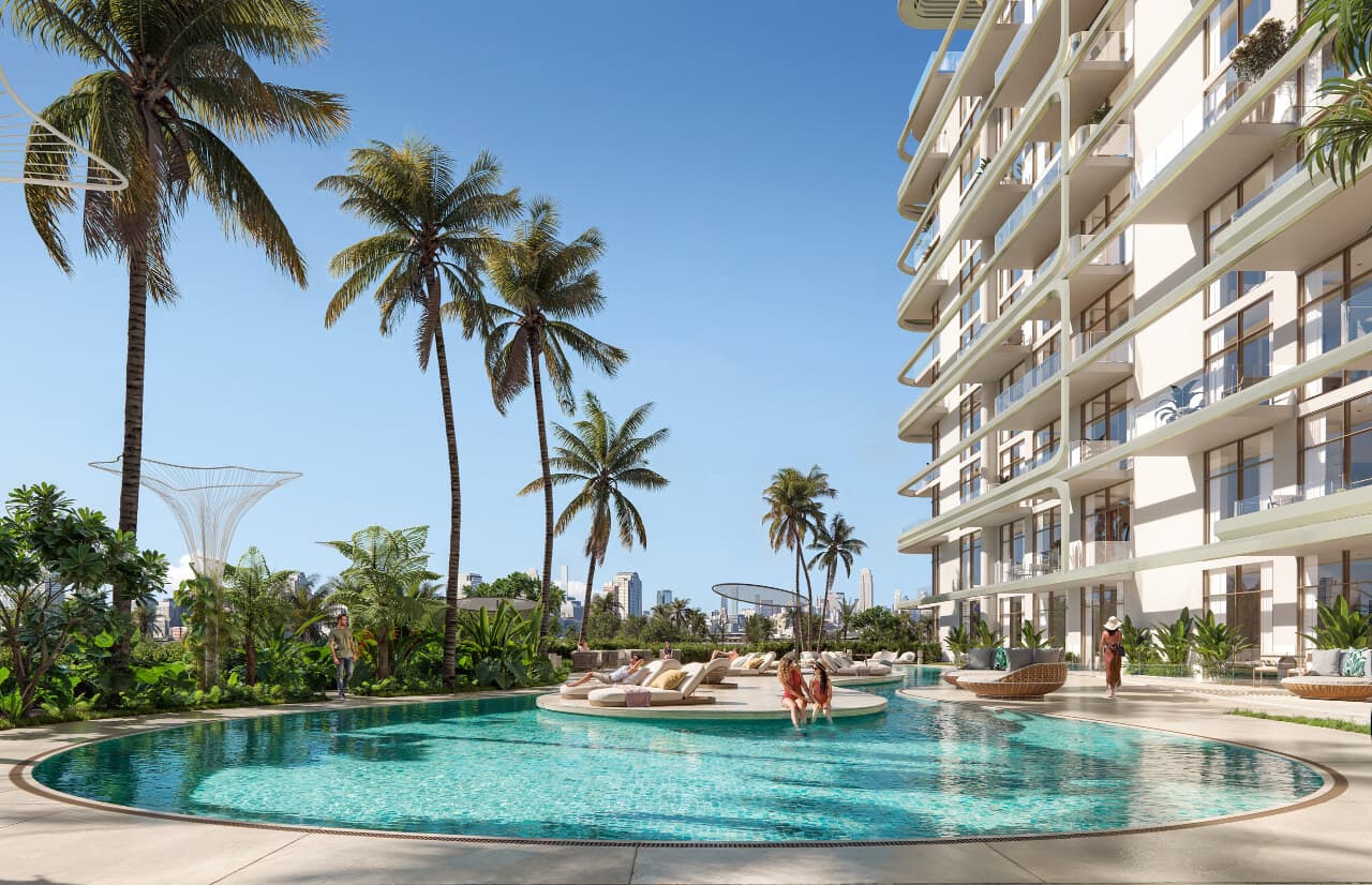 Arka Enclave Residences by Atmosphere Living amenity Lagoon Pool And Loungers - Dubai Islands, Dubai - by Manodev Real Estate Development LLC