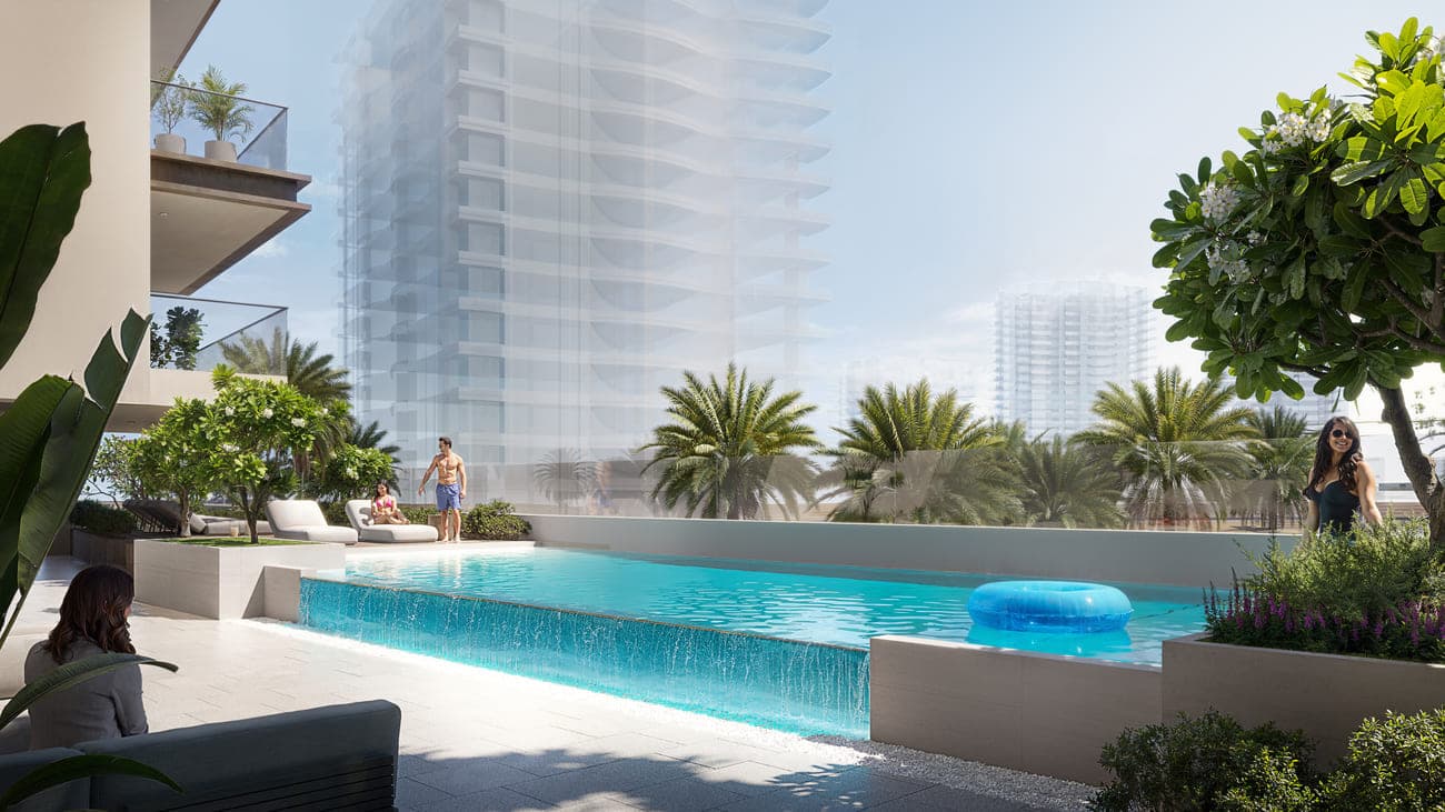 AUREL1A Residence amenity Pool Deck With Sun Loungers - Dubai Sports City, Dubai - by Object 1