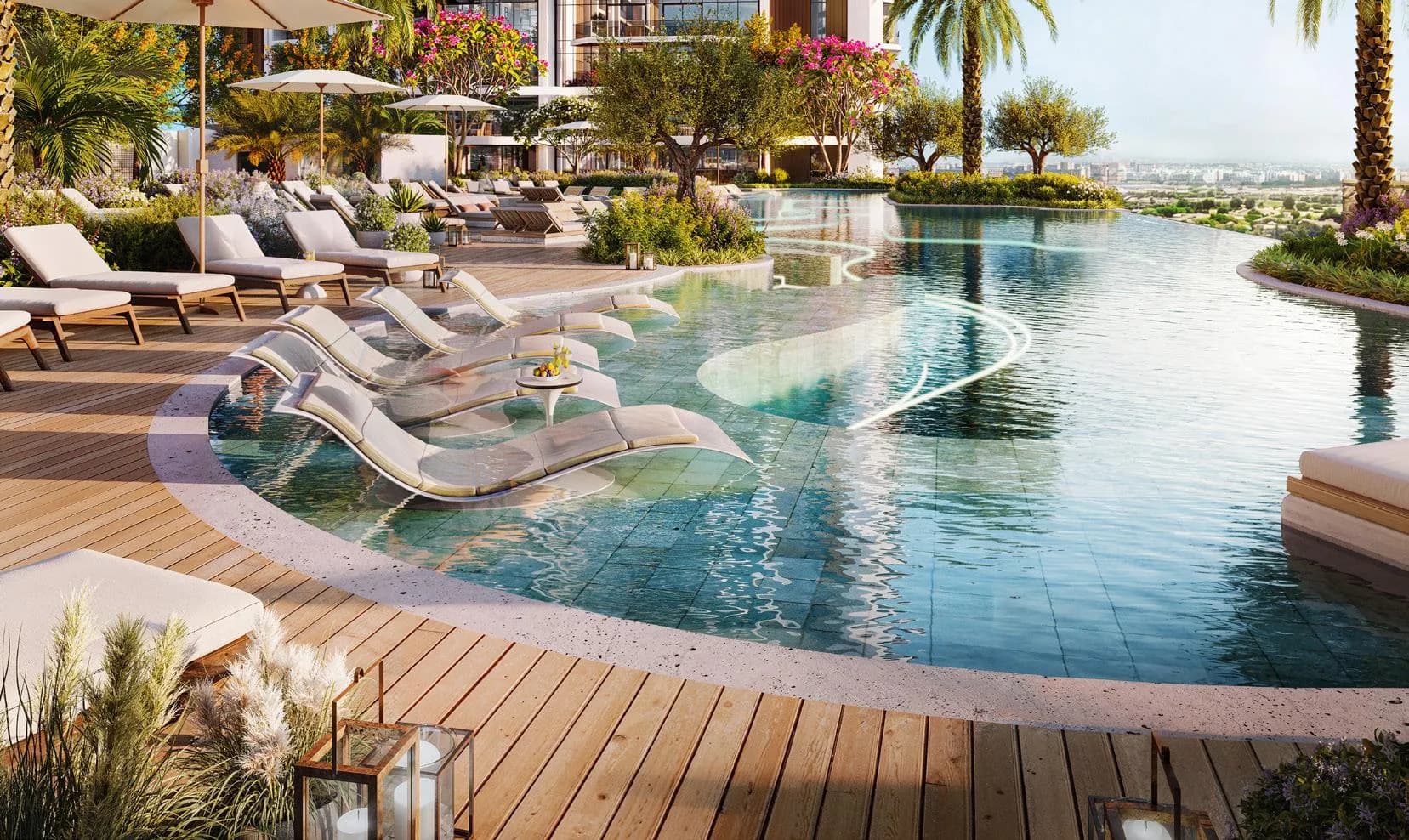 Eltiera Views amenity Sun Loungers Area - Emirates Hills, Dubai - by Ellington