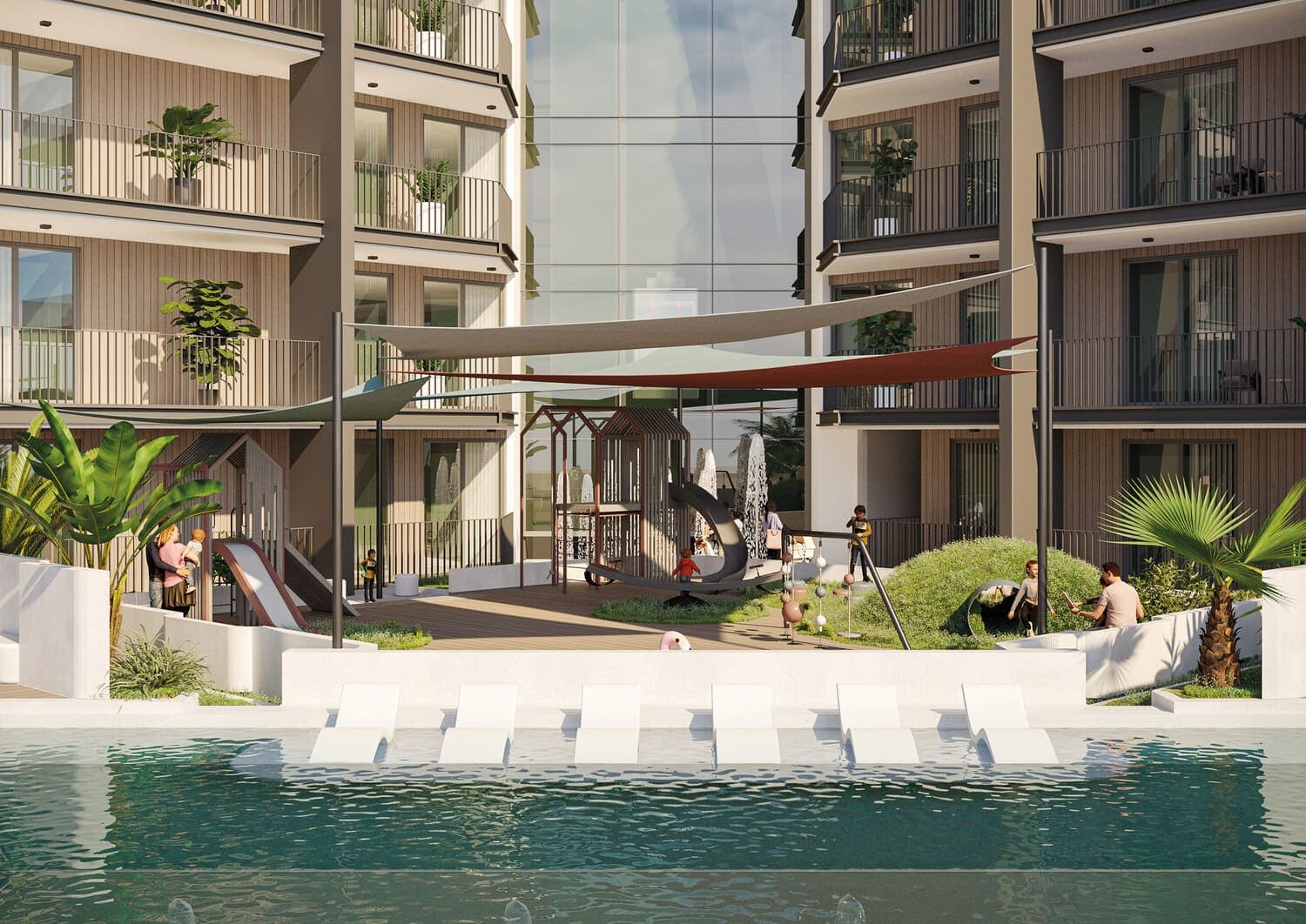 Floarea Residence amenity Infinity Pool With Sun Shelf - Arjan, Dubai - by Mashriq Elite