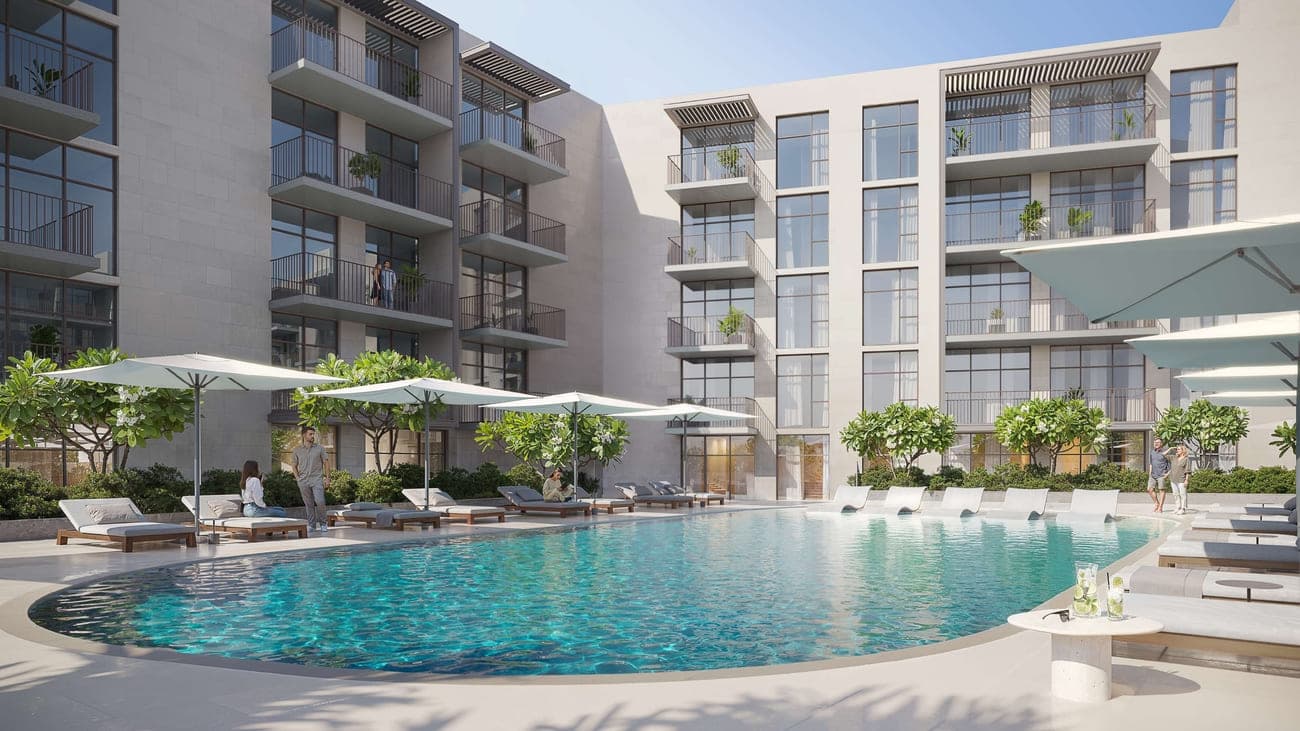 IR1DIAN Park 2 amenity Pool Deck With Sun Loungers - JVC (Jumeirah Village Circle), Dubai - by Object 1