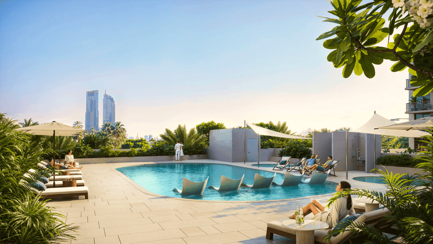 IR1DIAN Park amenity Pool Deck With Sun Loungers - JVC (Jumeirah Village Circle), Dubai - by Object 1