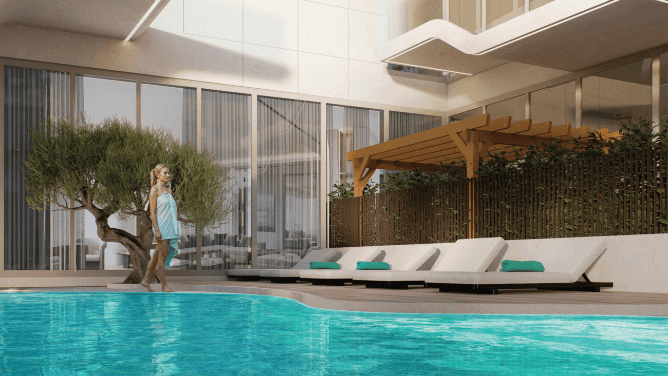 Reef 1000 amenity Decking Area in Dubailand Residence Complex, Dubai, by Reef Luxury Development