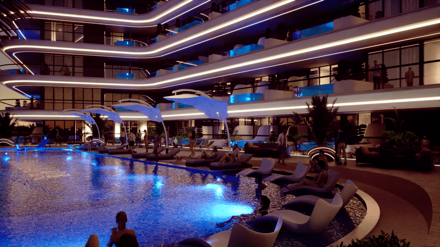 Samana Portofino amenity Leisure Pool Deck - Dubai Production City, Dubai - by Samana