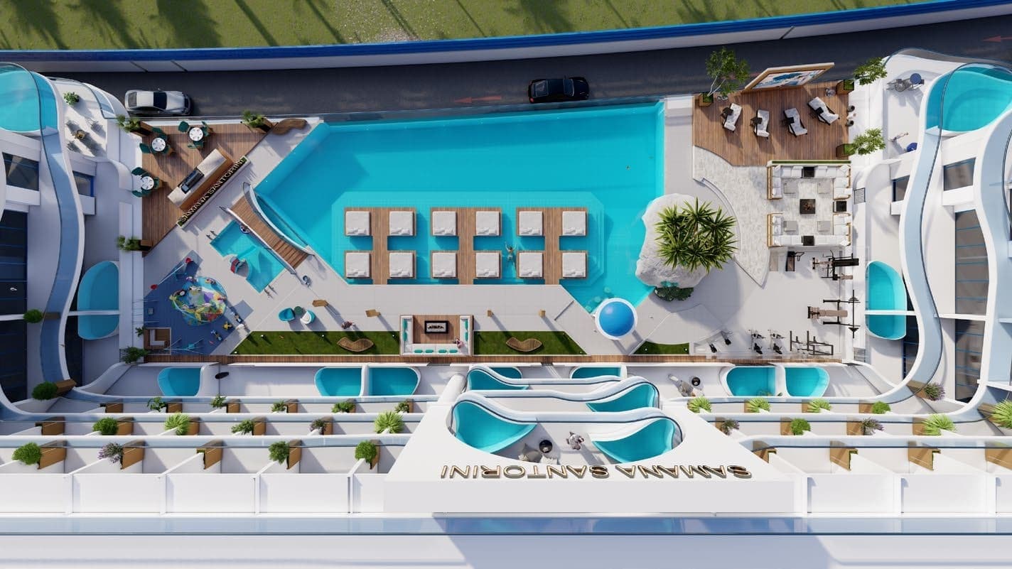 Samana Santorini amenity Large Leisure Pool Deck - Dubai Studio City, Dubai - by Samana