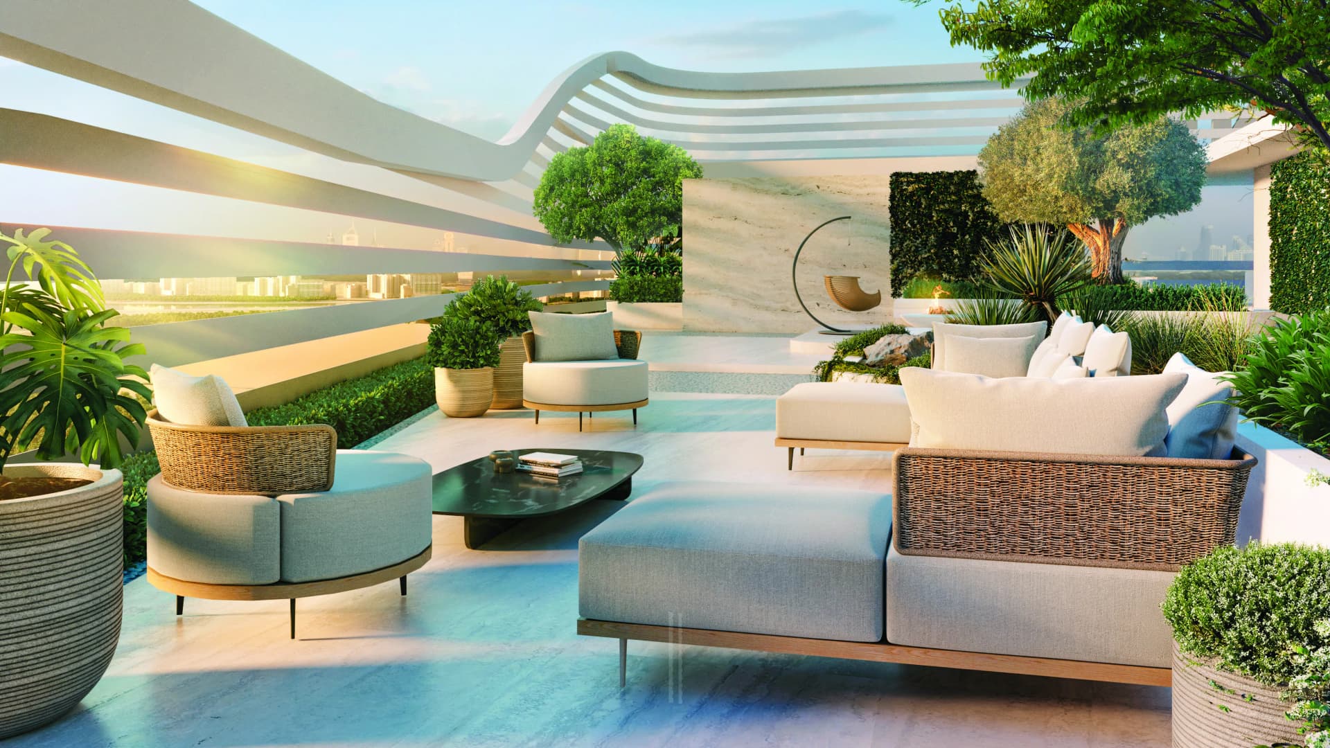 Sanctuary amenity Tranquility Seating with Bonsai Trees in Ras Al Khor, Dubai, by Prestige One Developments